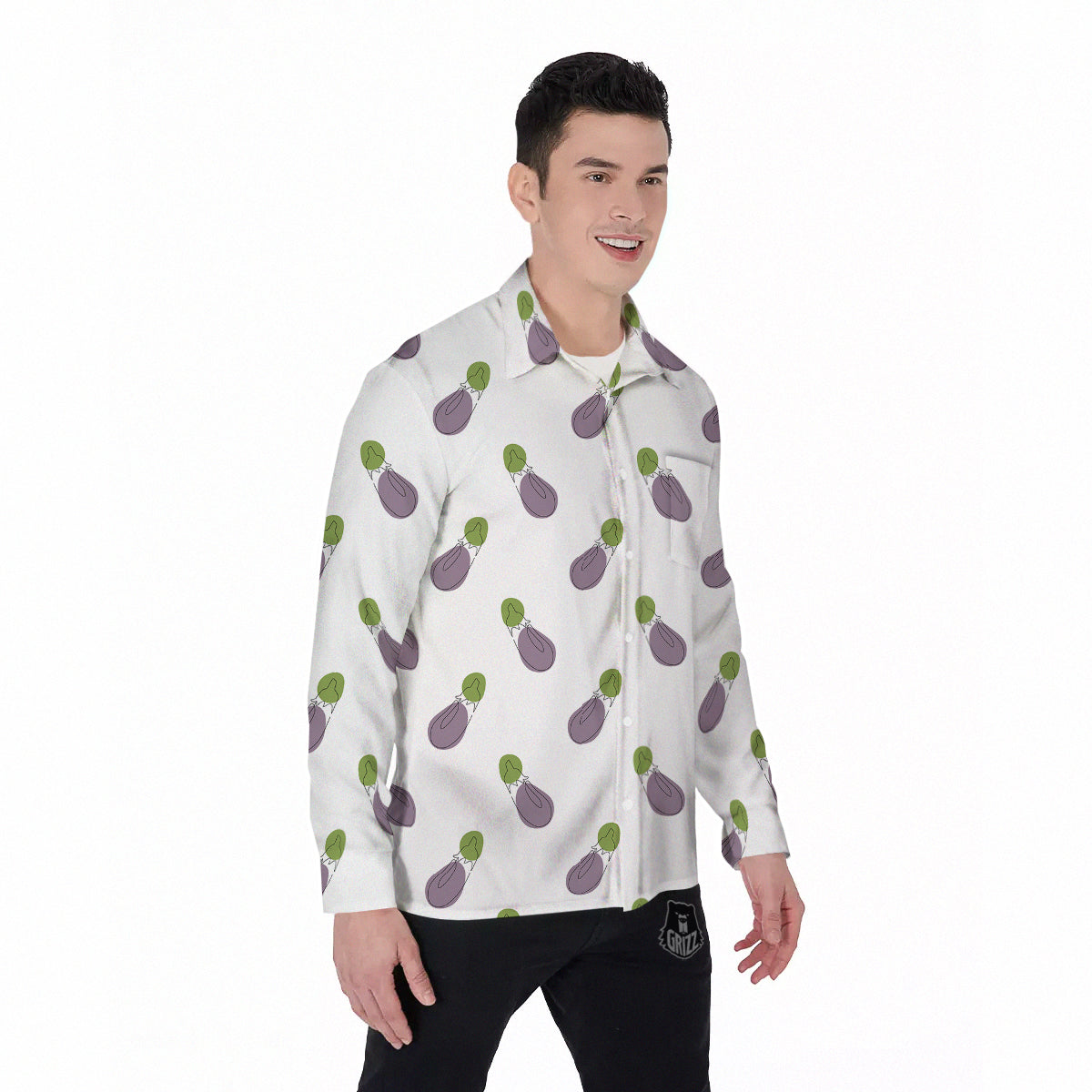 Drawing White Eggplant Print Pattern Men's Long Sleeve Shirts-grizzshop