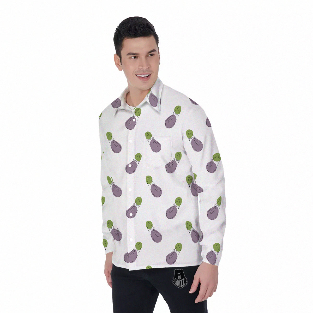 Drawing White Eggplant Print Pattern Men's Long Sleeve Shirts-grizzshop