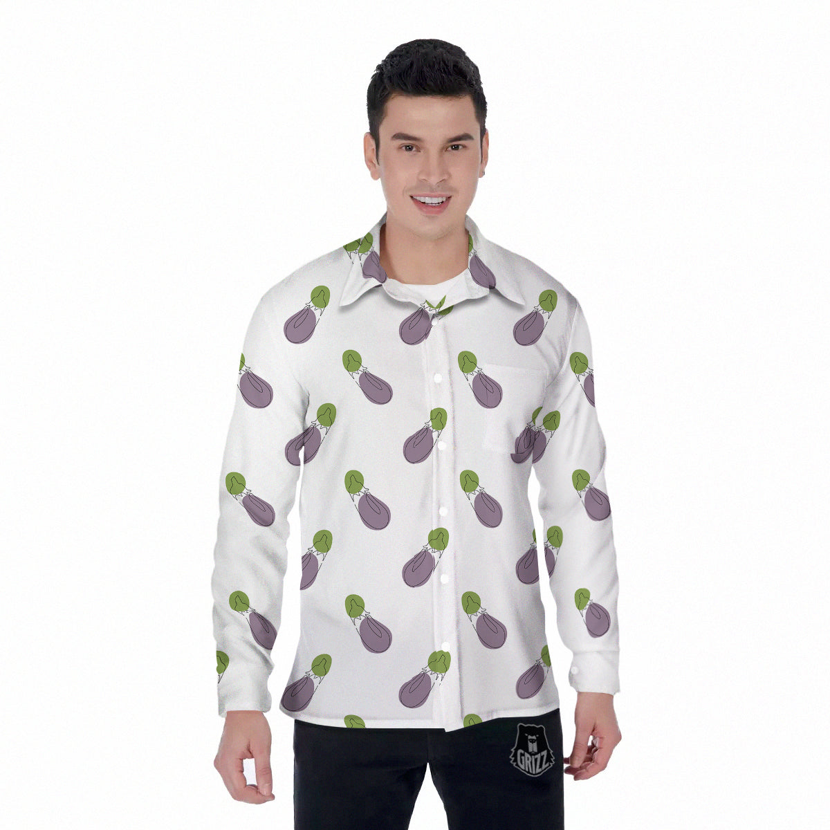 Drawing White Eggplant Print Pattern Men's Long Sleeve Shirts-grizzshop