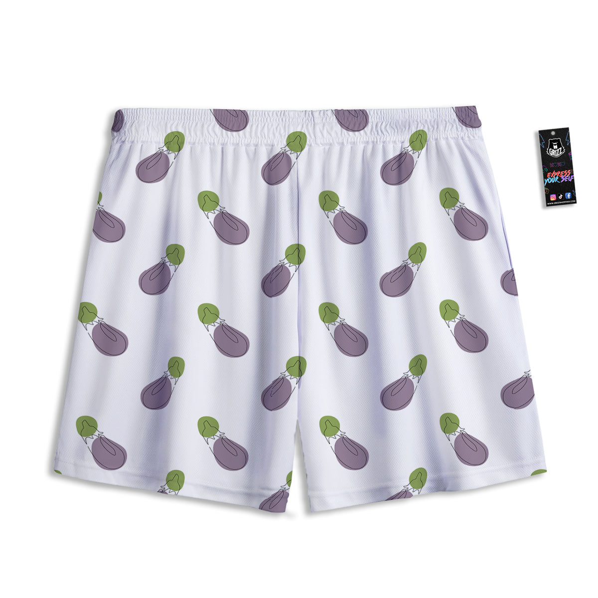 Drawing White Eggplant Print Pattern Mesh Shorts