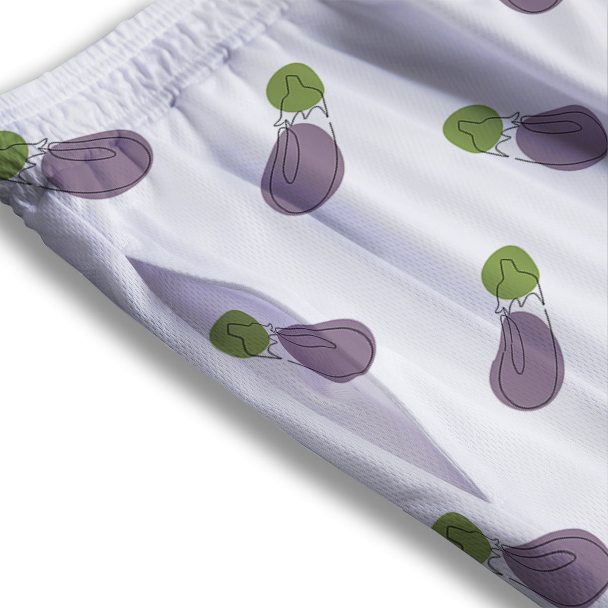 Drawing White Eggplant Print Pattern Mesh Shorts
