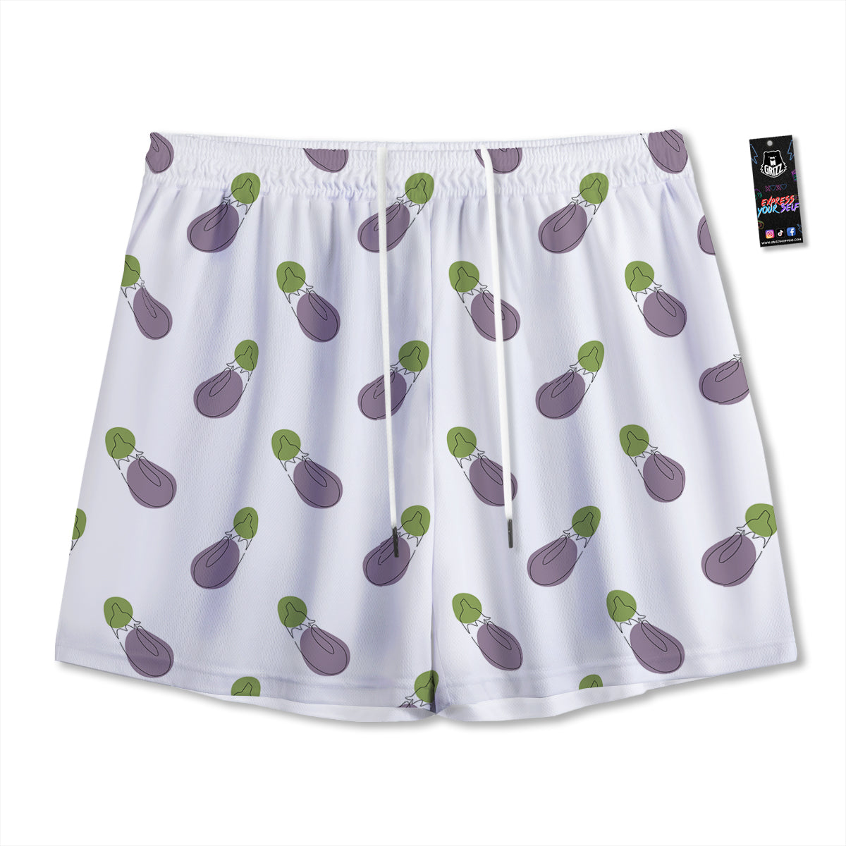 Drawing White Eggplant Print Pattern Mesh Shorts