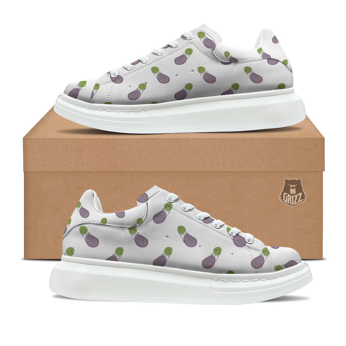 Drawing White Eggplant Print Pattern Platform Shoes-grizzshop