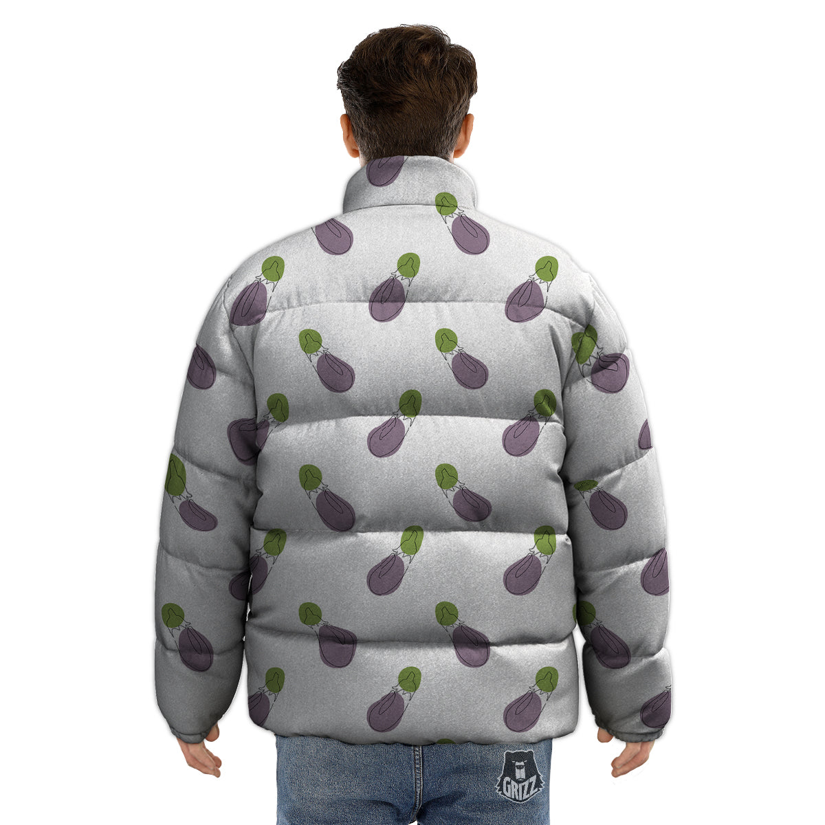 Drawing White Eggplant Print Pattern Puffer Jacket-grizzshop