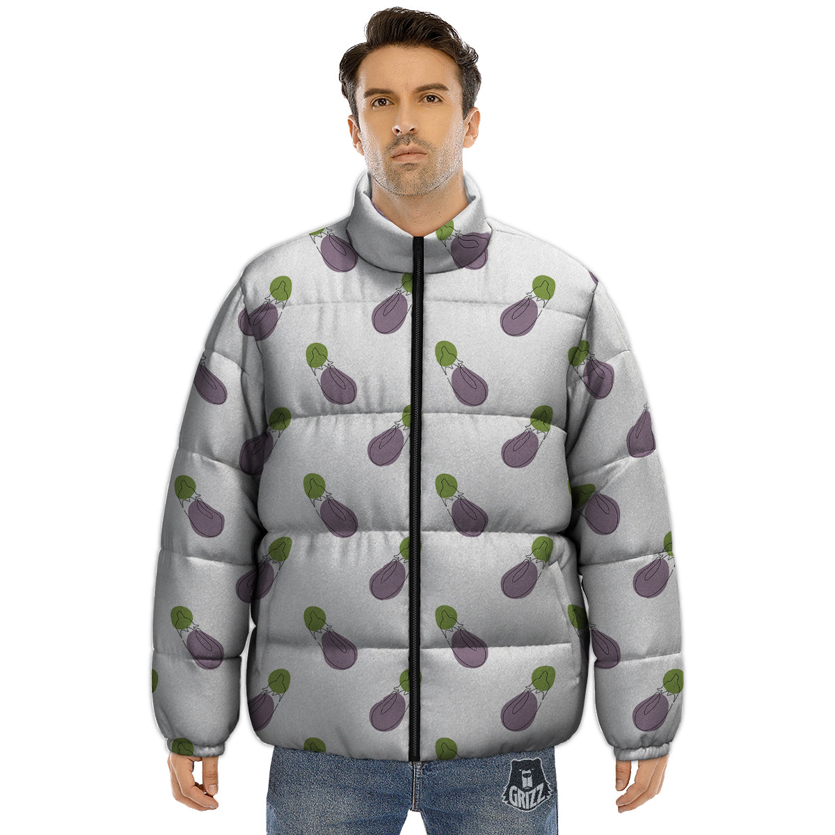 Drawing White Eggplant Print Pattern Puffer Jacket-grizzshop