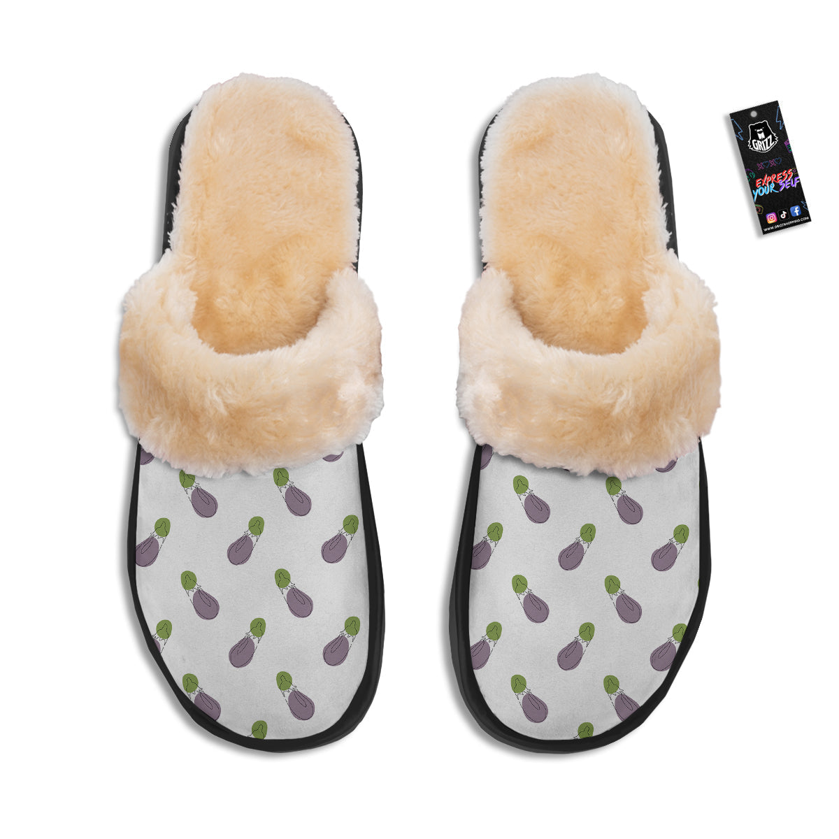Drawing White Eggplant Print Pattern Slippers-grizzshop
