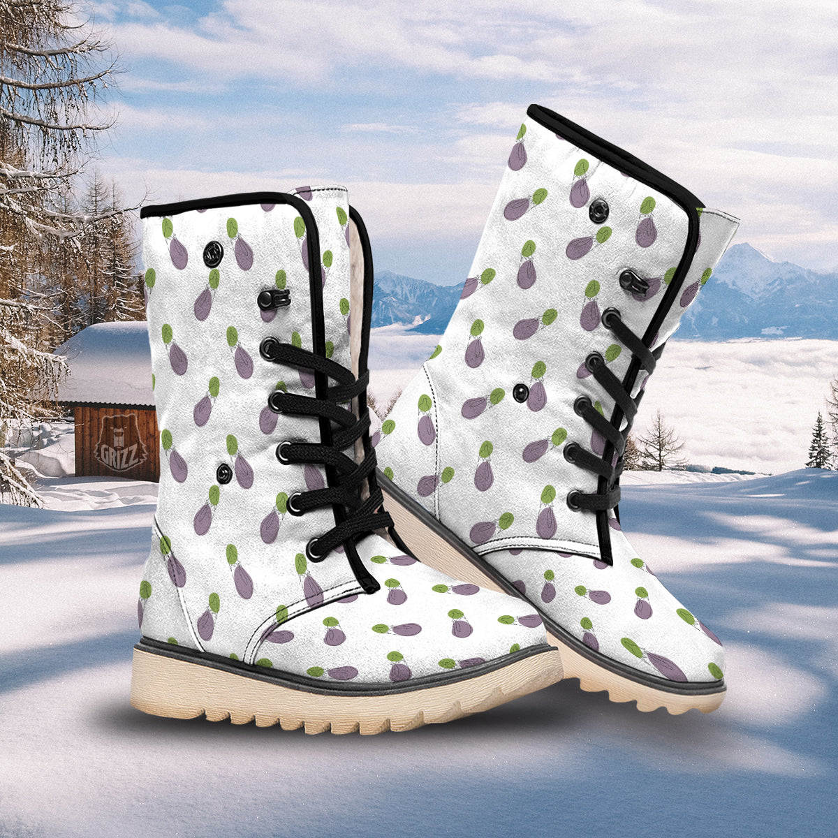 Drawing White Eggplant Print Pattern Snow Boots-grizzshop