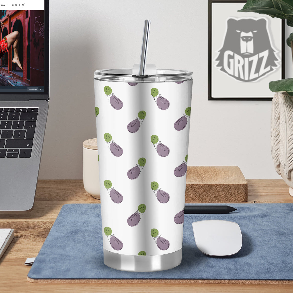 Drawing White Eggplant Print Pattern Tumbler-grizzshop