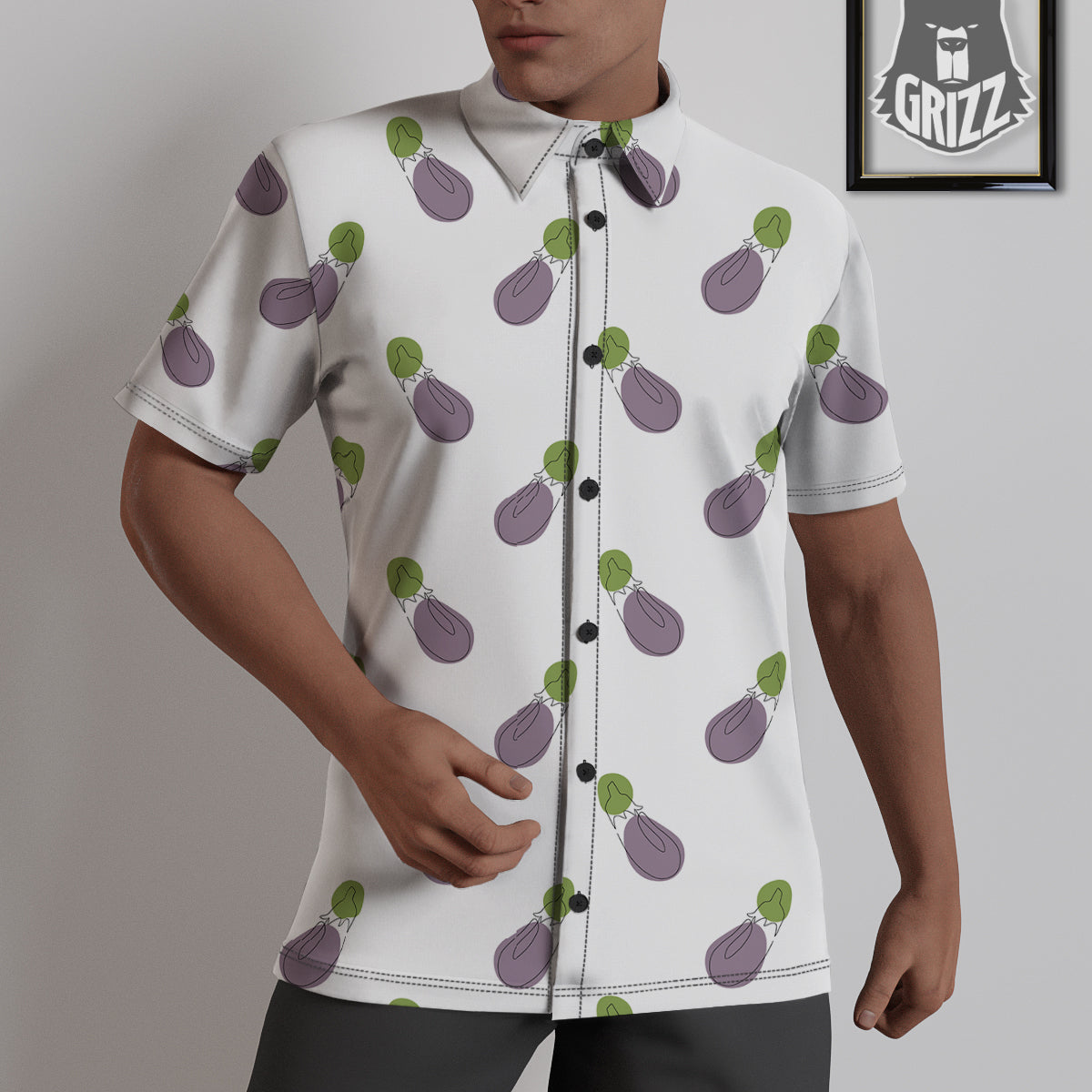 Drawing White Eggplant Print Pattern Untucked Shirts-grizzshop