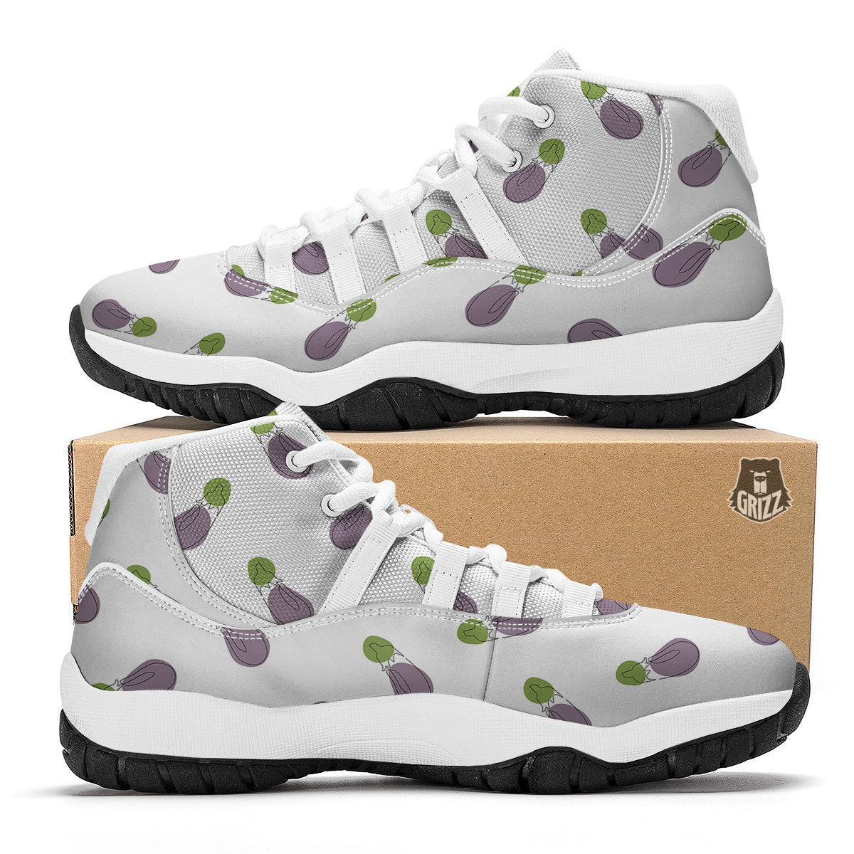 Drawing White Eggplant Print Pattern White Bball Shoes-grizzshop