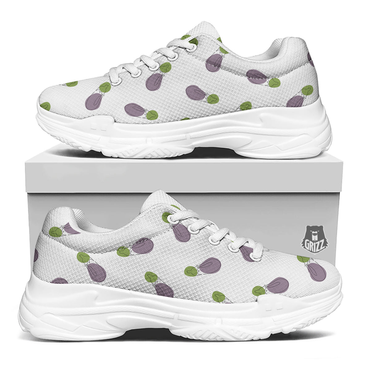 Drawing White Eggplant Print Pattern White Chunky Shoes-grizzshop