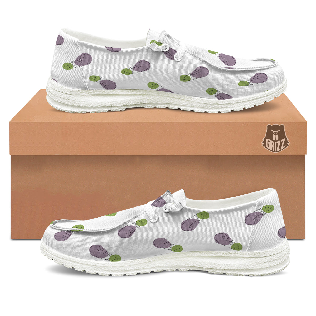 Drawing White Eggplant Print Pattern White Loafers-grizzshop