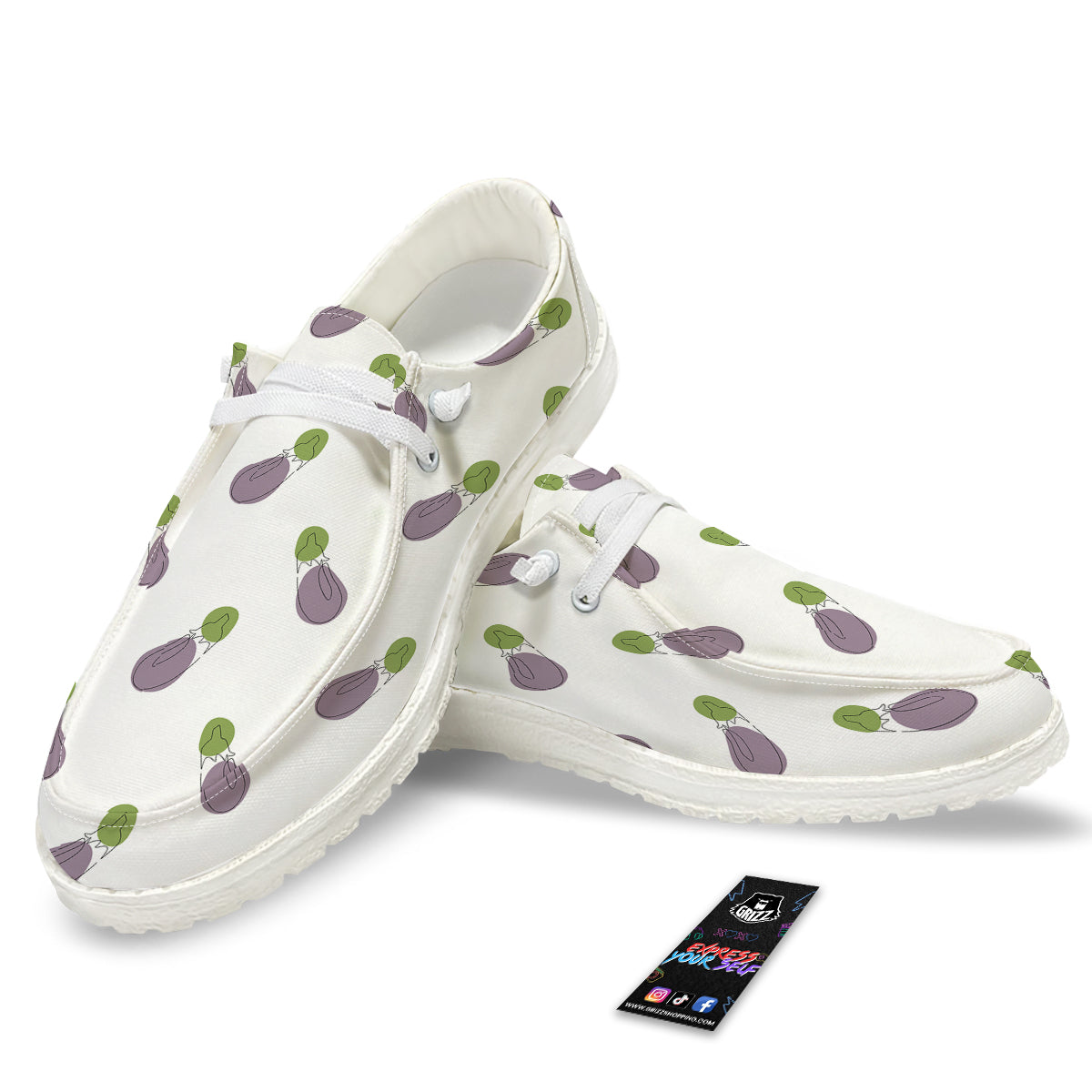 Drawing White Eggplant Print Pattern White Loafers-grizzshop
