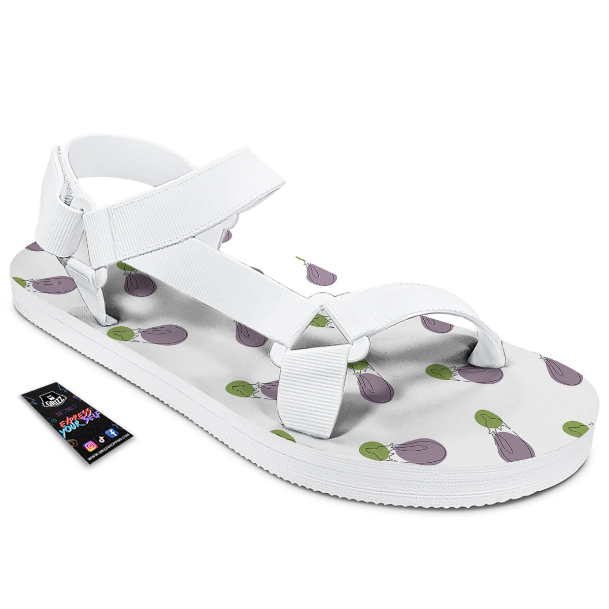 Drawing White Eggplant Print Pattern White Open Toe Sandals-grizzshop