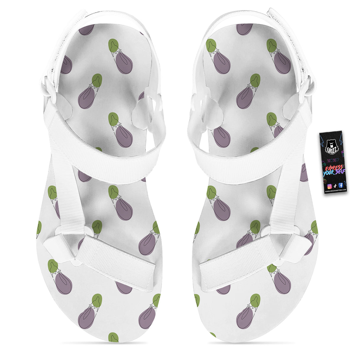 Drawing White Eggplant Print Pattern White Open Toe Sandals-grizzshop