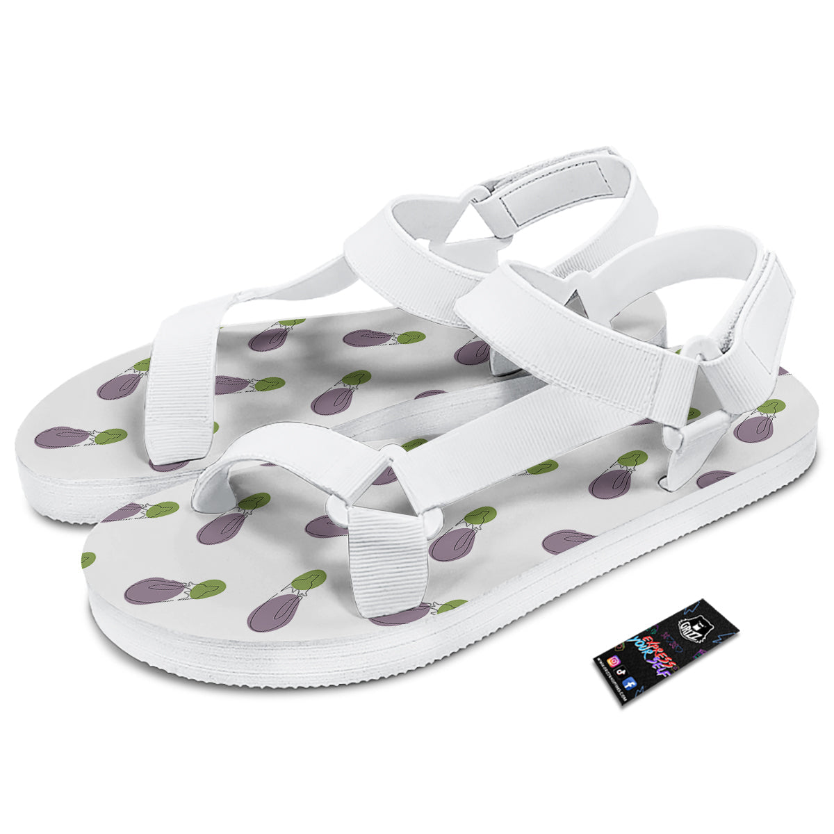 Drawing White Eggplant Print Pattern White Open Toe Sandals-grizzshop