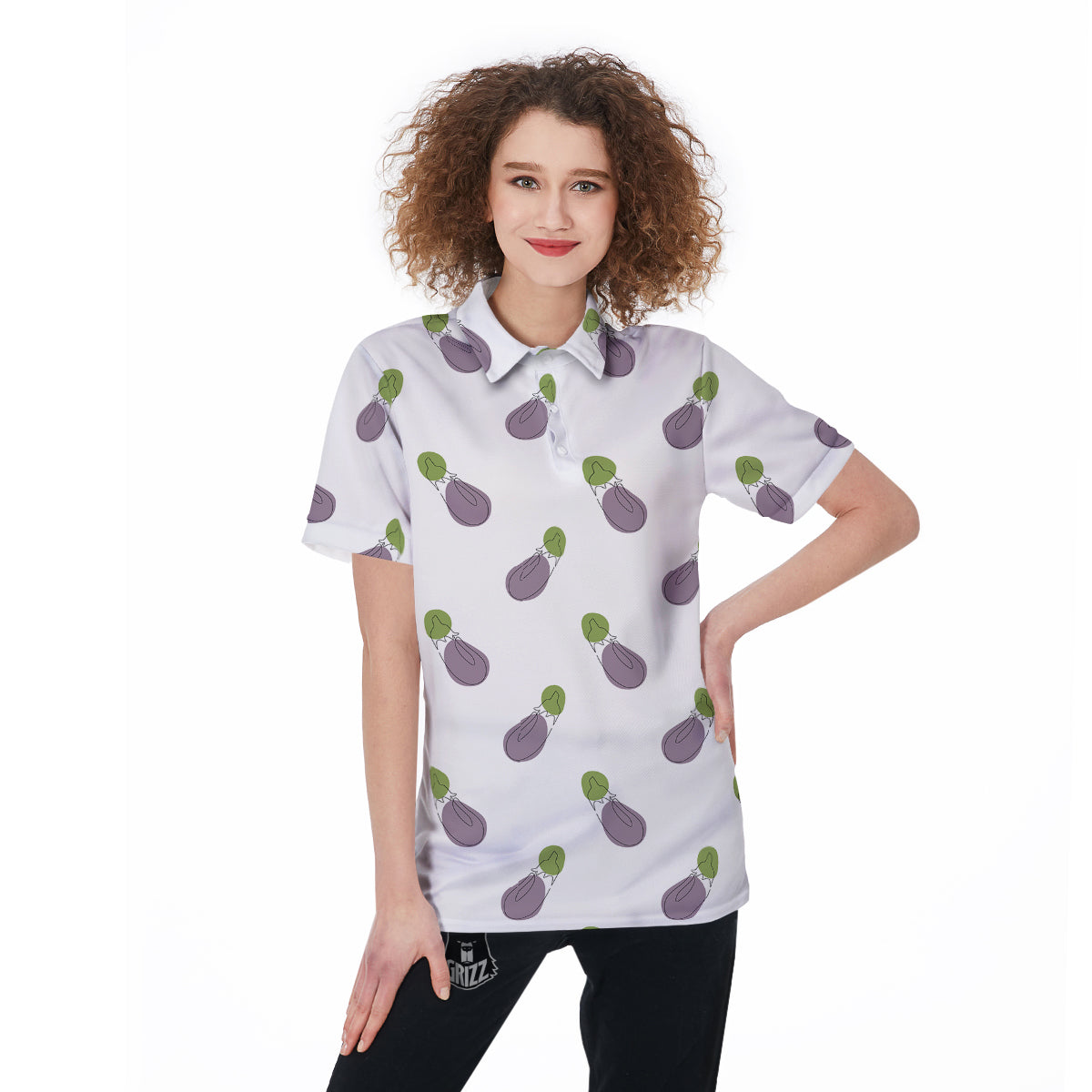 Drawing White Eggplant Print Pattern Women's Golf Shirts-grizzshop
