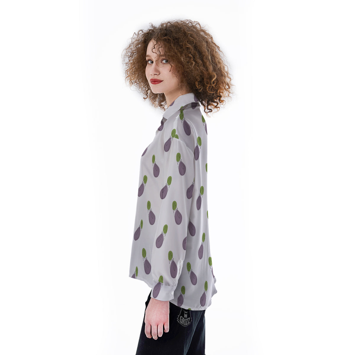 Drawing White Eggplant Print Pattern Women's Long Sleeve Shirts-grizzshop