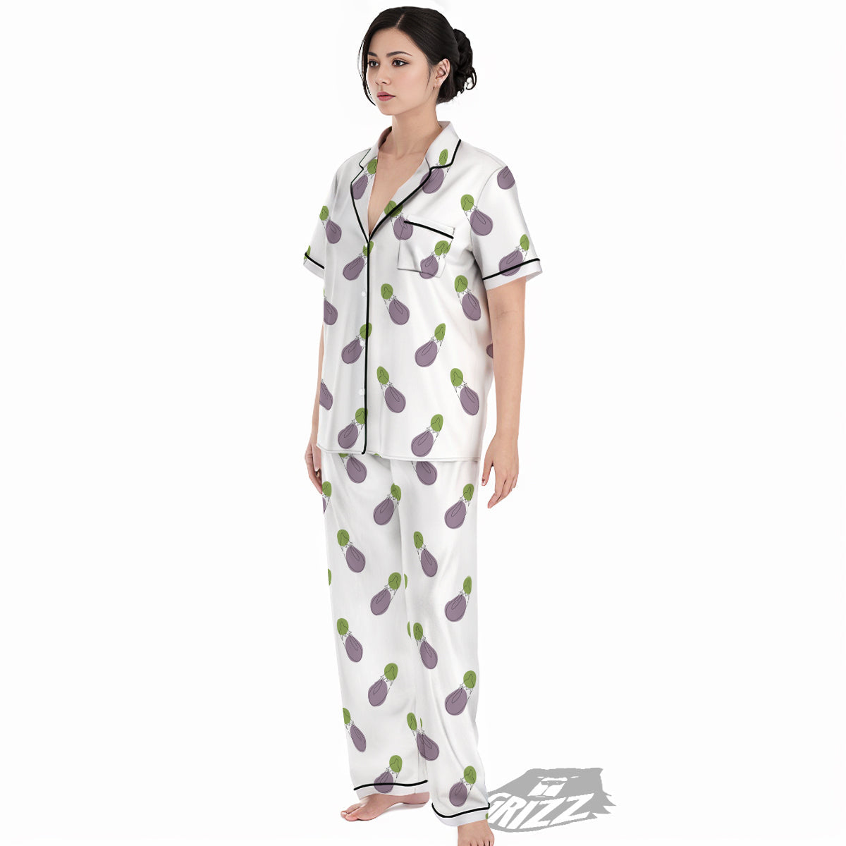 Drawing White Eggplant Print Pattern Women's Pajamas Set-grizzshop