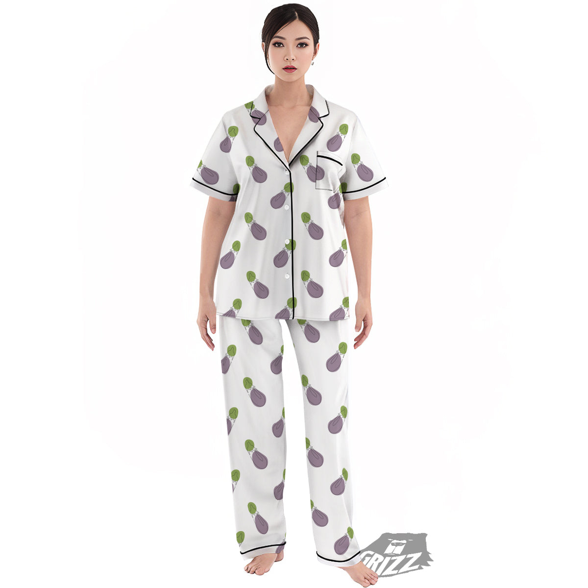 Drawing White Eggplant Print Pattern Women's Pajamas Set-grizzshop