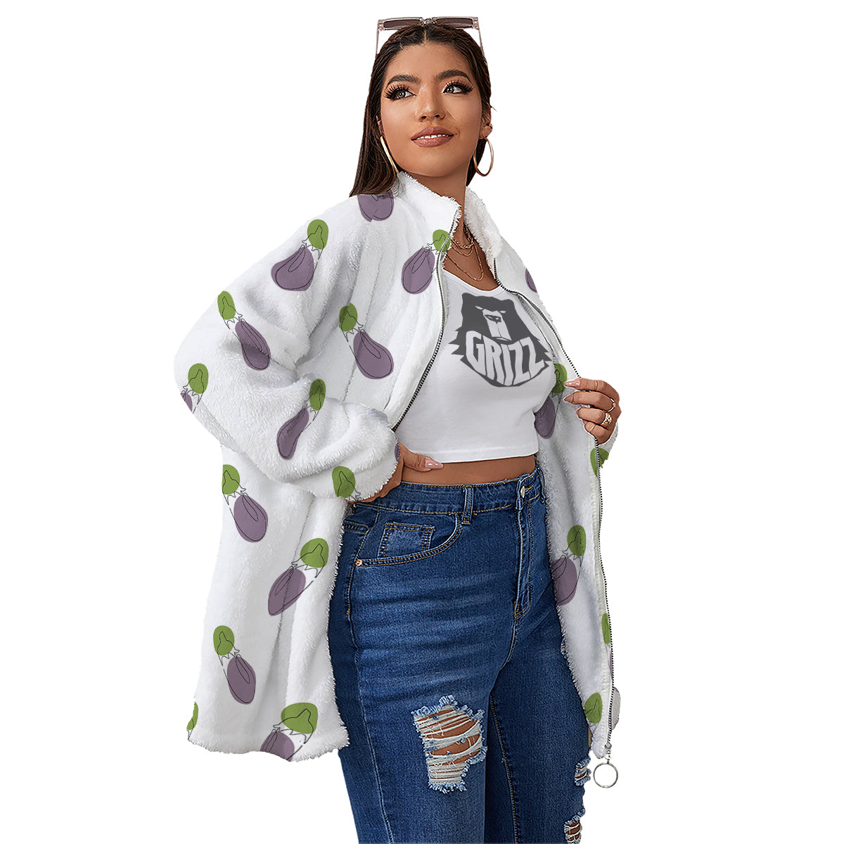 Drawing White Eggplant Print Pattern Women's Sherpa Jacket-grizzshop