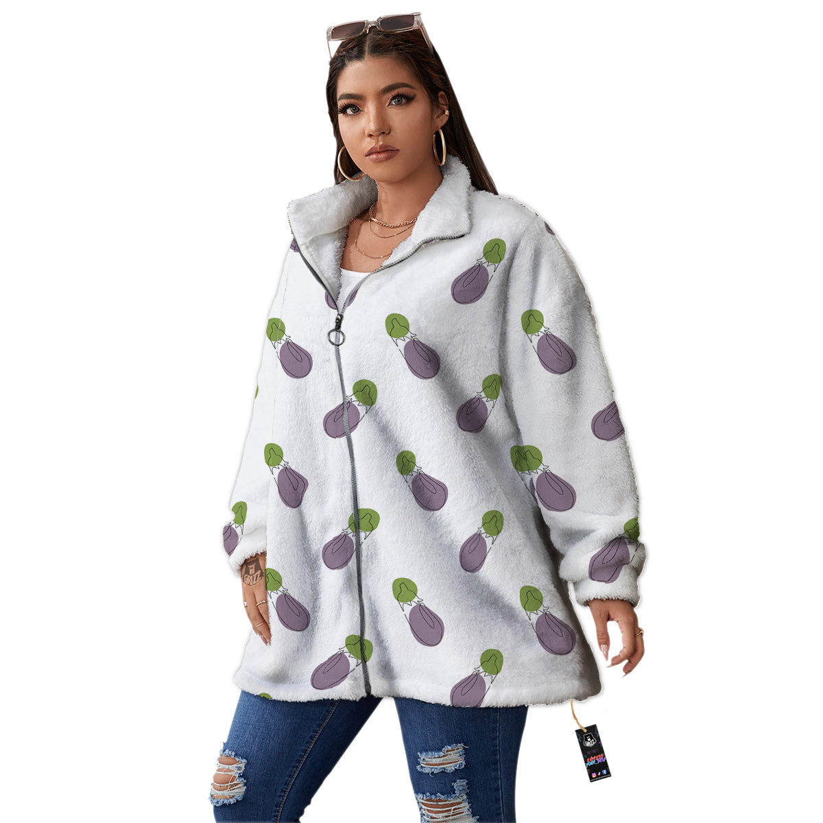 Drawing White Eggplant Print Pattern Women's Sherpa Jacket-grizzshop