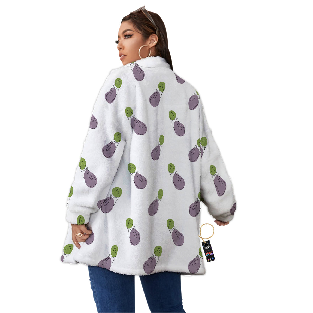 Drawing White Eggplant Print Pattern Women's Sherpa Jacket-grizzshop