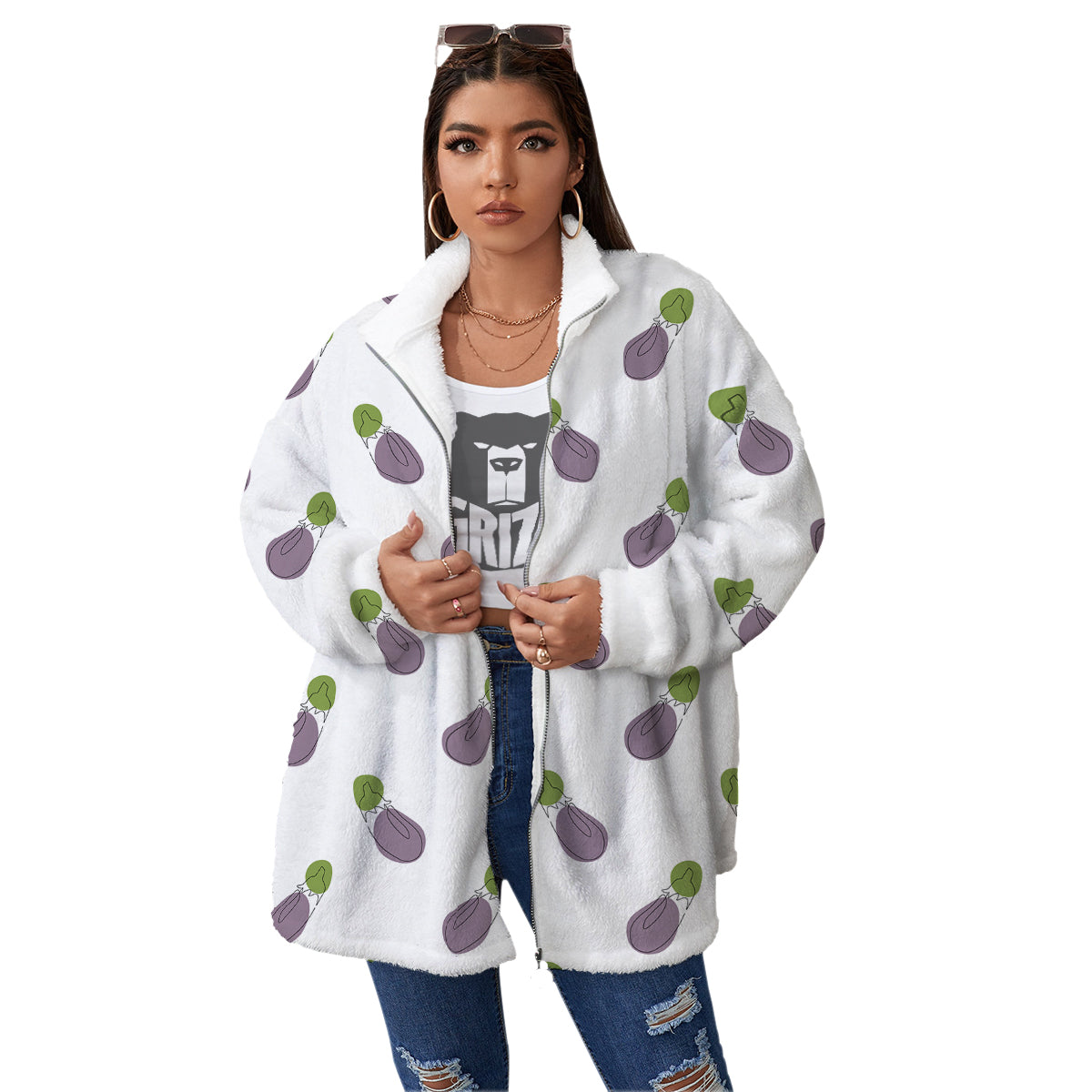 Drawing White Eggplant Print Pattern Women's Sherpa Jacket-grizzshop