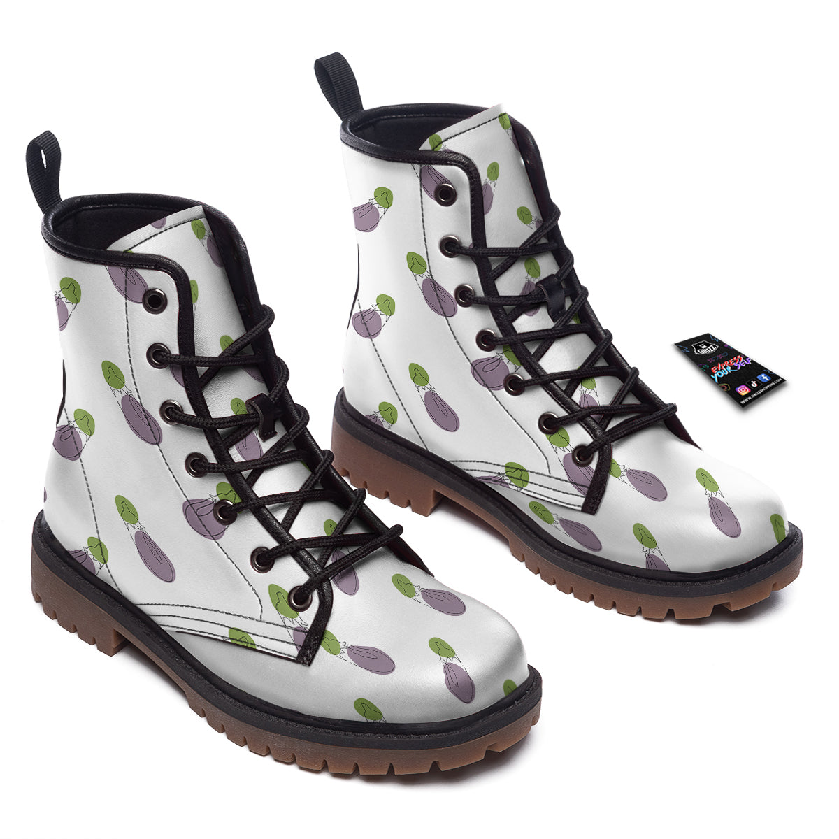 Drawing White Eggplant Print Pattern Work Boots-grizzshop