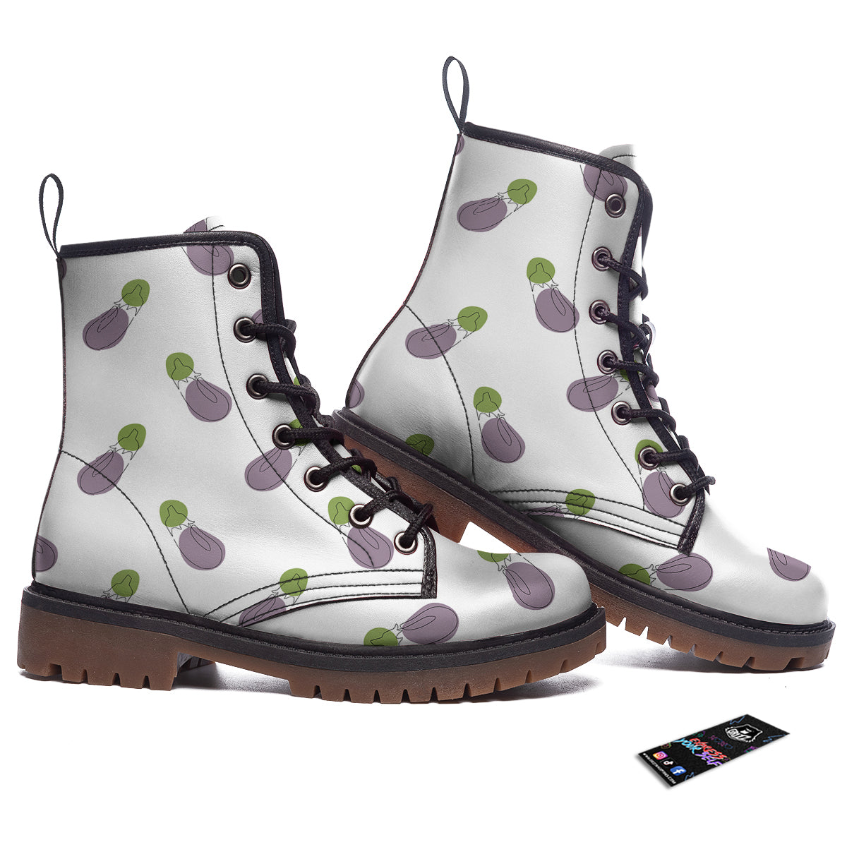 Drawing White Eggplant Print Pattern Work Boots-grizzshop