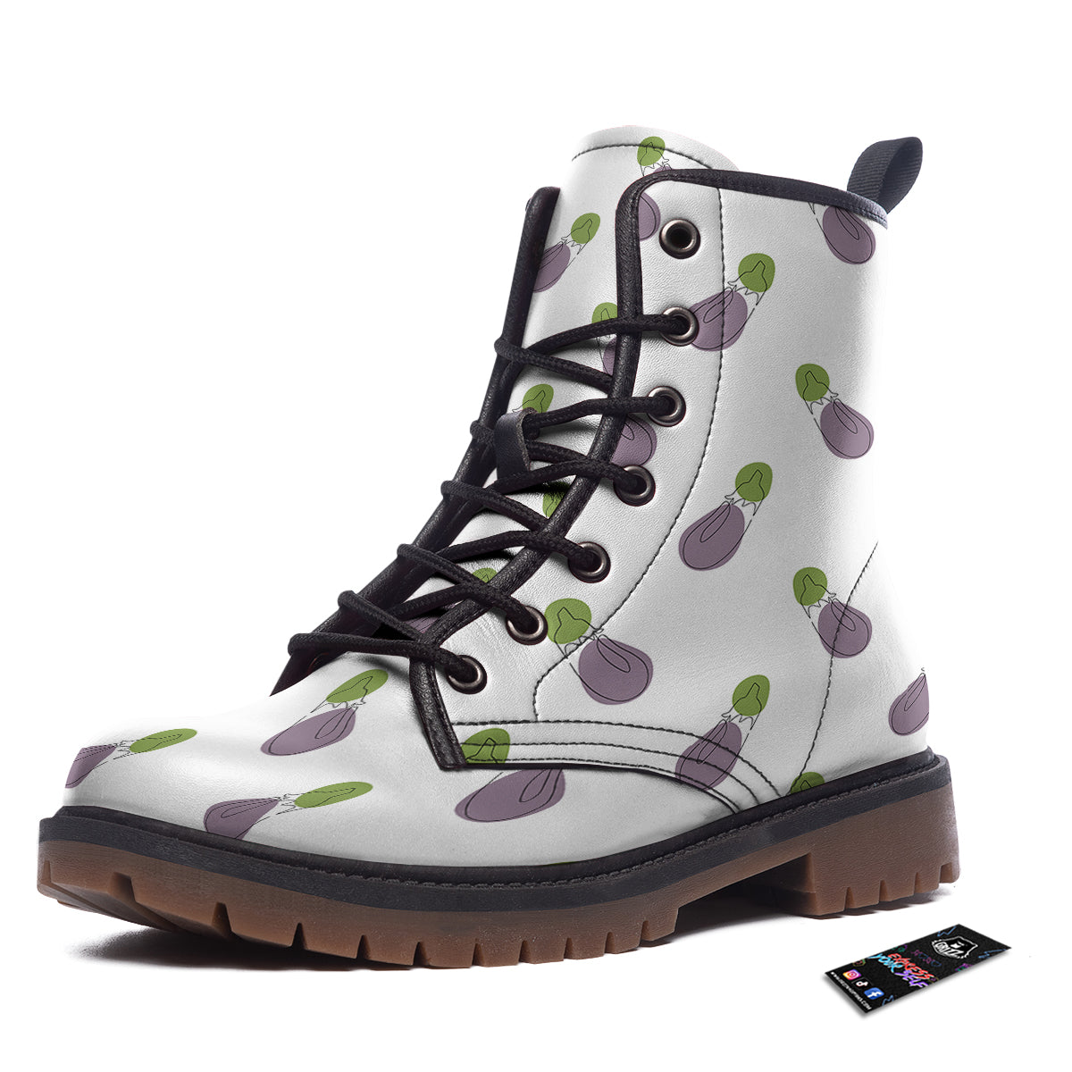 Drawing White Eggplant Print Pattern Work Boots-grizzshop