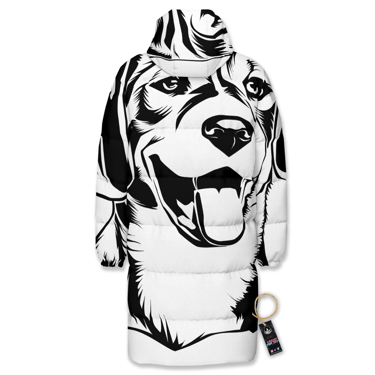 Drawing Beagle White And Black Print Long Down Jacket