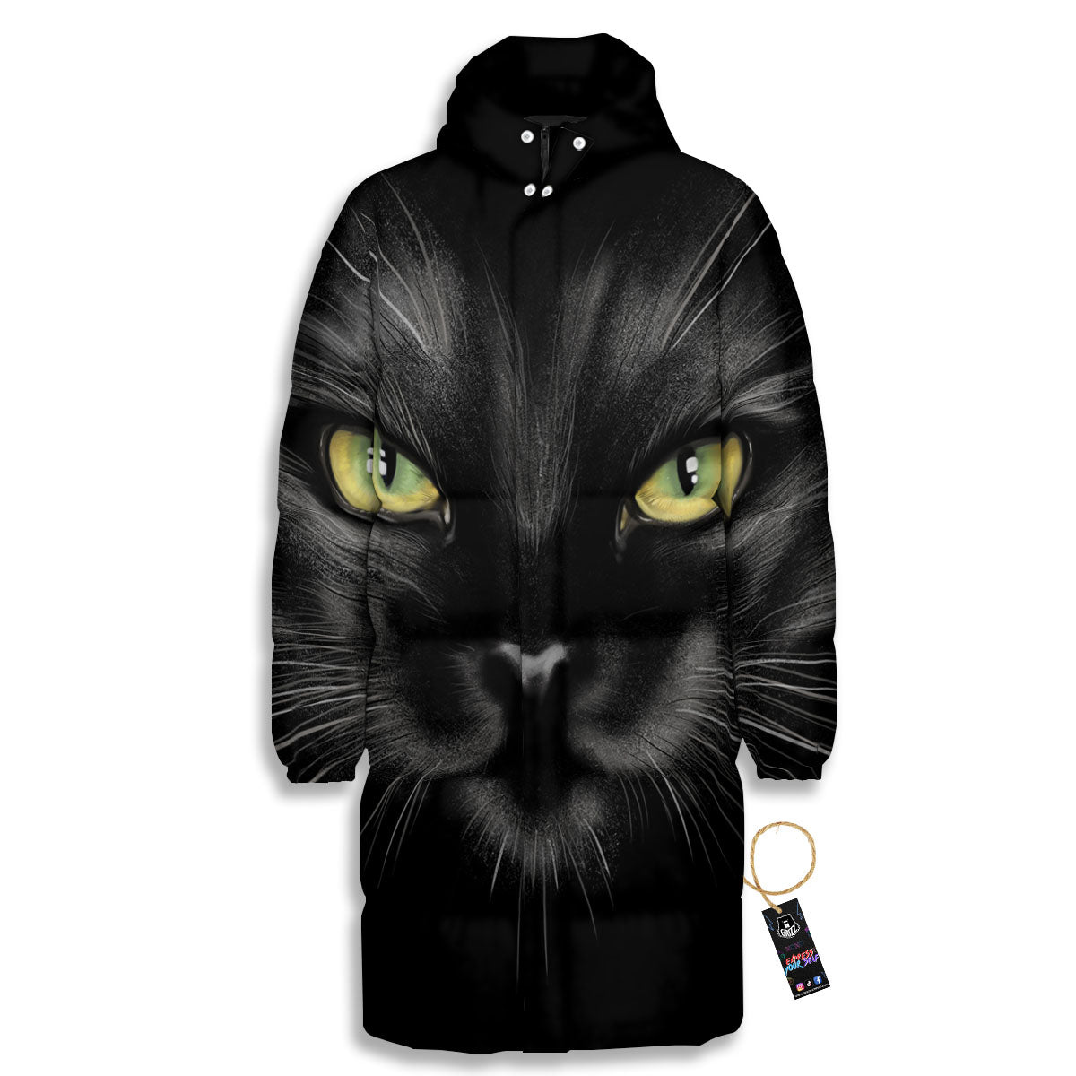 Drawing Portrait Black Cat Print Long Down Jacket