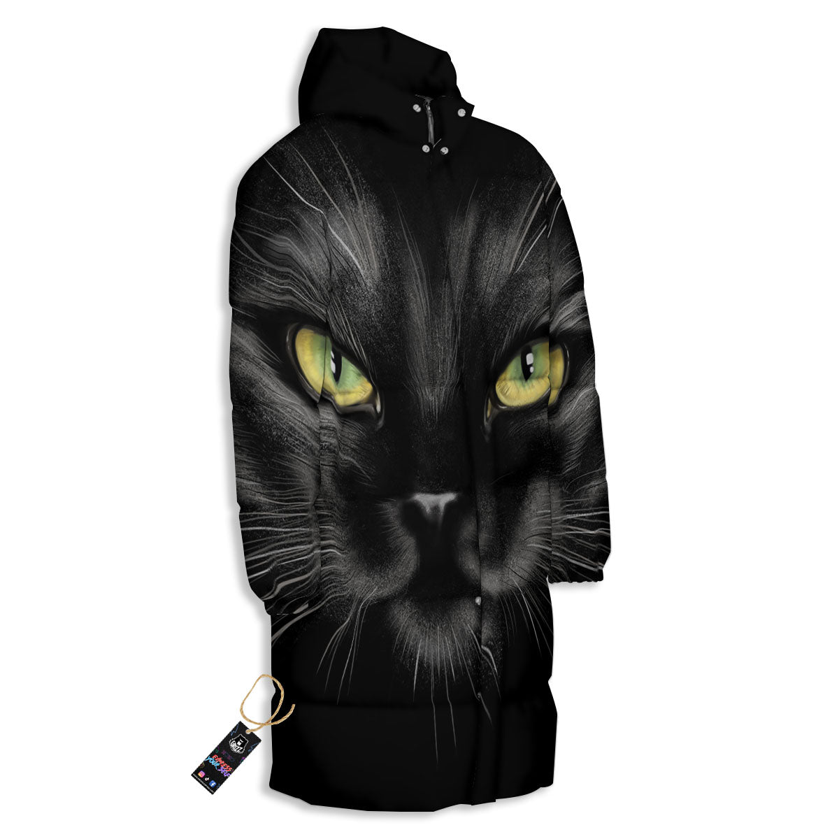 Drawing Portrait Black Cat Print Long Down Jacket