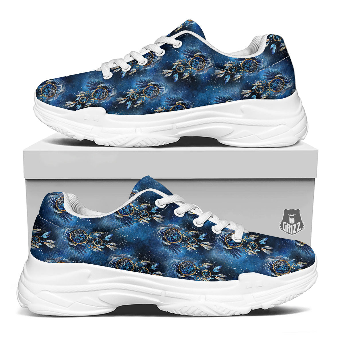 Dream Catcher Blue Galaxy Print Pattern White Chunky Shoes-grizzshop