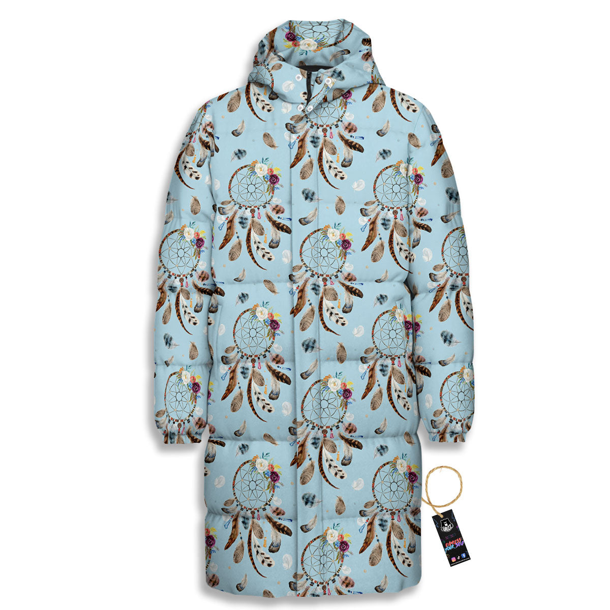 Dream Catcher Blue Indian Print Pattern Long Down Jacket-grizzshop
