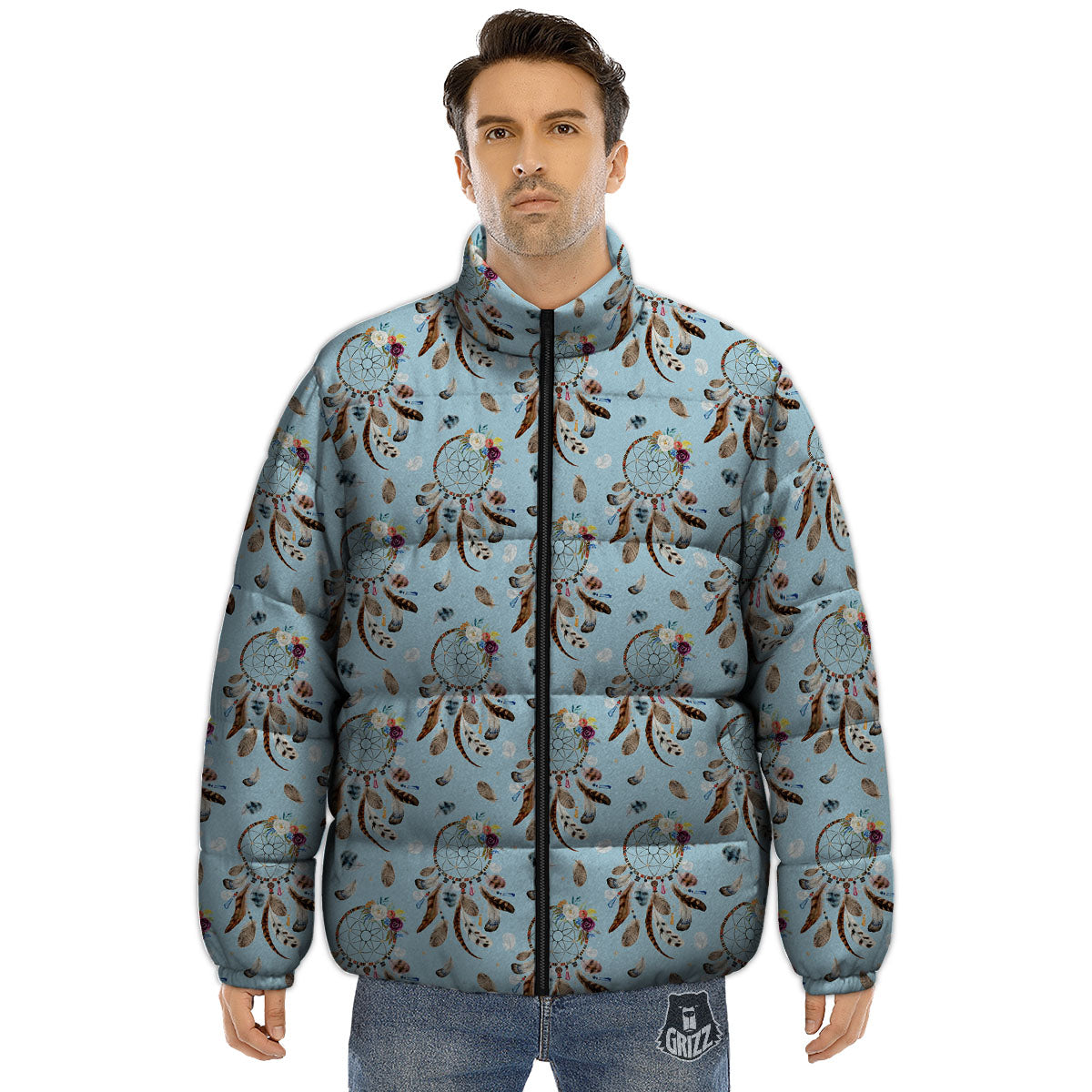 Dream Catcher Blue Indian Print Pattern Puffer Jacket-grizzshop