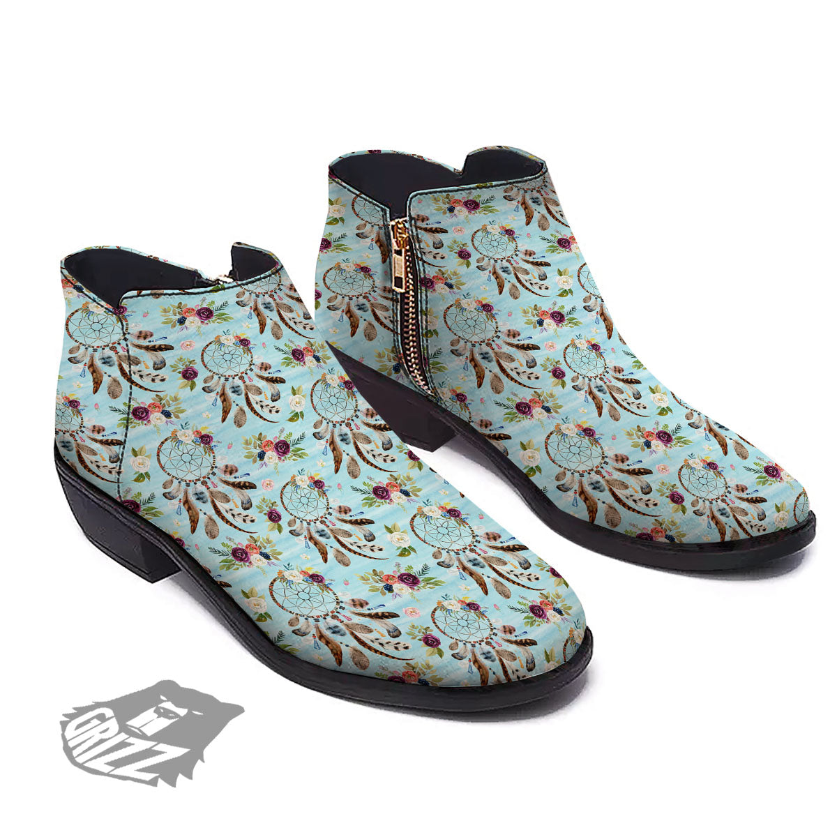 Dream Catcher Blue Native Print Pattern Ankle Boots-grizzshop