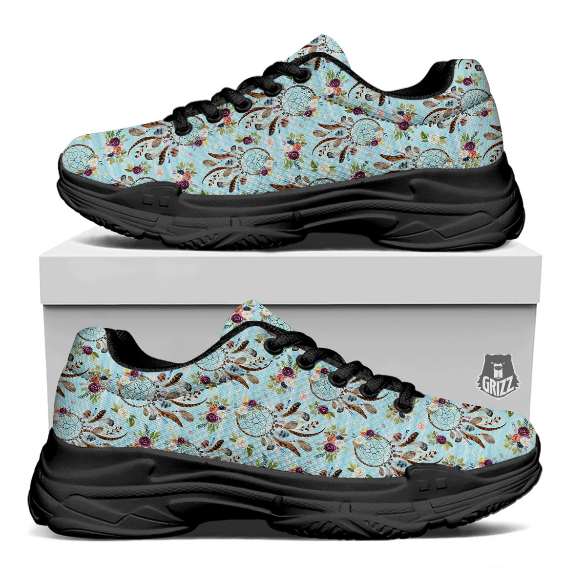Dream Catcher Blue Native Print Pattern Black Chunky Shoes-grizzshop
