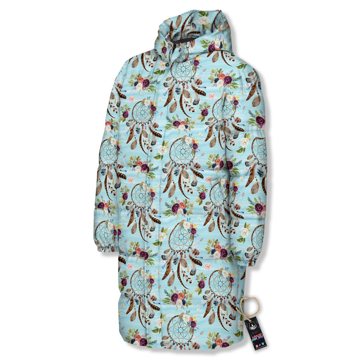 Dream Catcher Blue Native Print Pattern Long Down Jacket-grizzshop