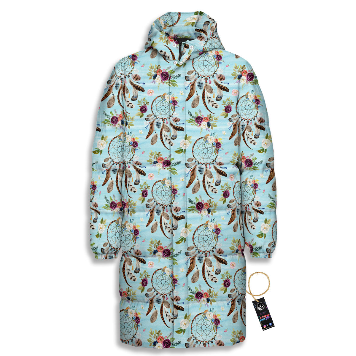 Dream Catcher Blue Native Print Pattern Long Down Jacket-grizzshop