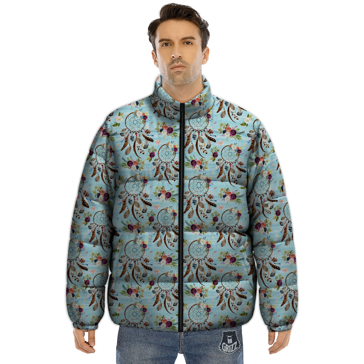 Dream Catcher Blue Native Print Pattern Puffer Jacket-grizzshop