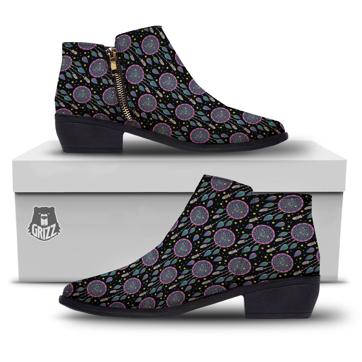 Dream Catcher Boho Print Pattern Ankle Boots-grizzshop