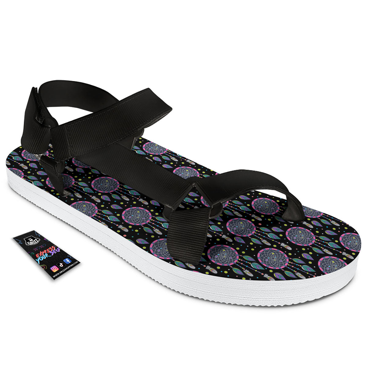 Dream Catcher Boho Print Pattern Black Open Toe Sandals-grizzshop