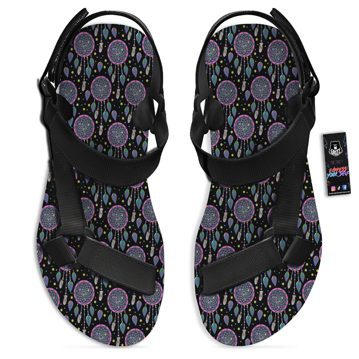 Dream Catcher Boho Print Pattern Black Open Toe Sandals-grizzshop