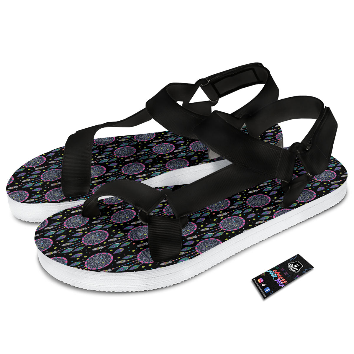 Dream Catcher Boho Print Pattern Black Open Toe Sandals-grizzshop