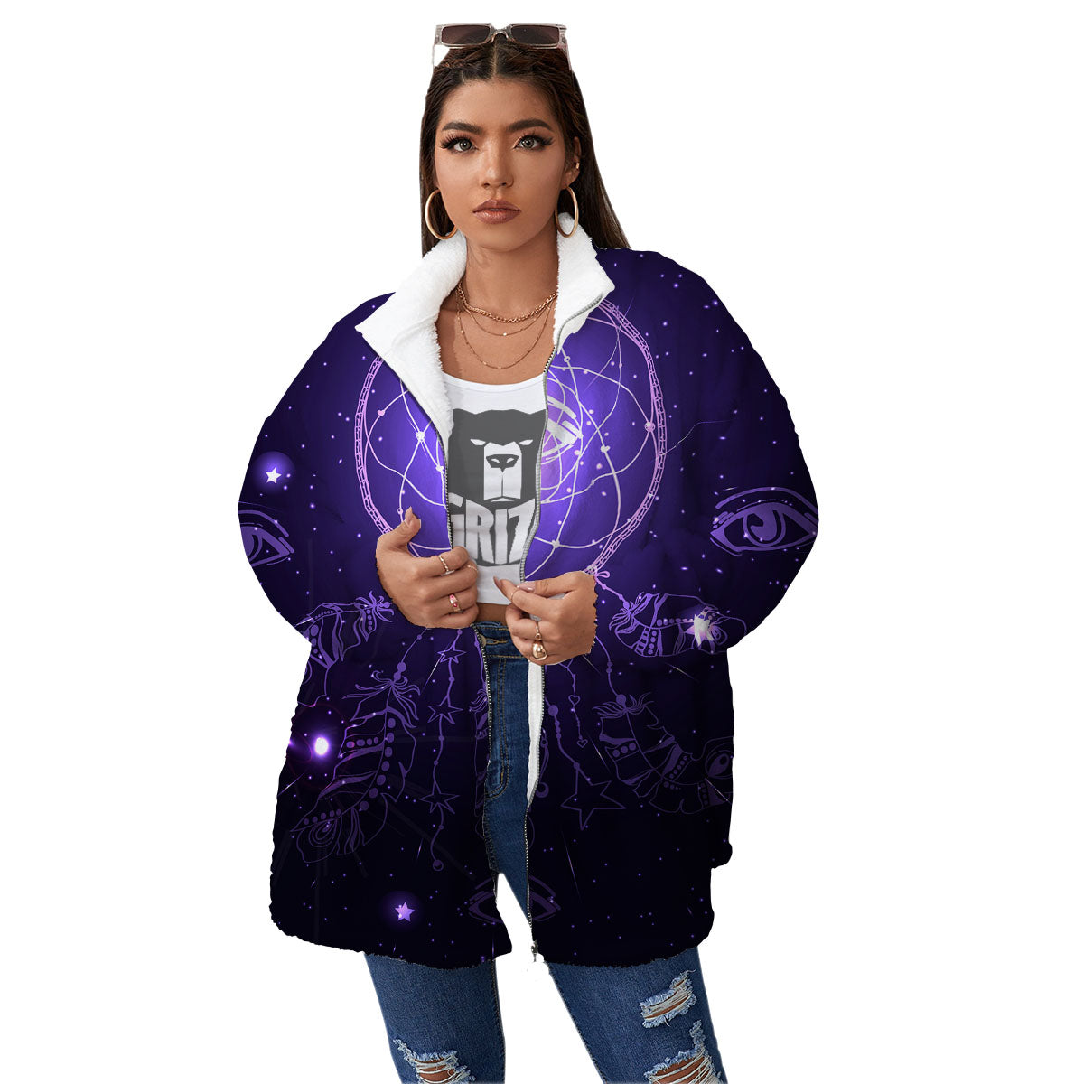 Dream Catcher Constellation Native Print Women's Sherpa Jacket-grizzshop