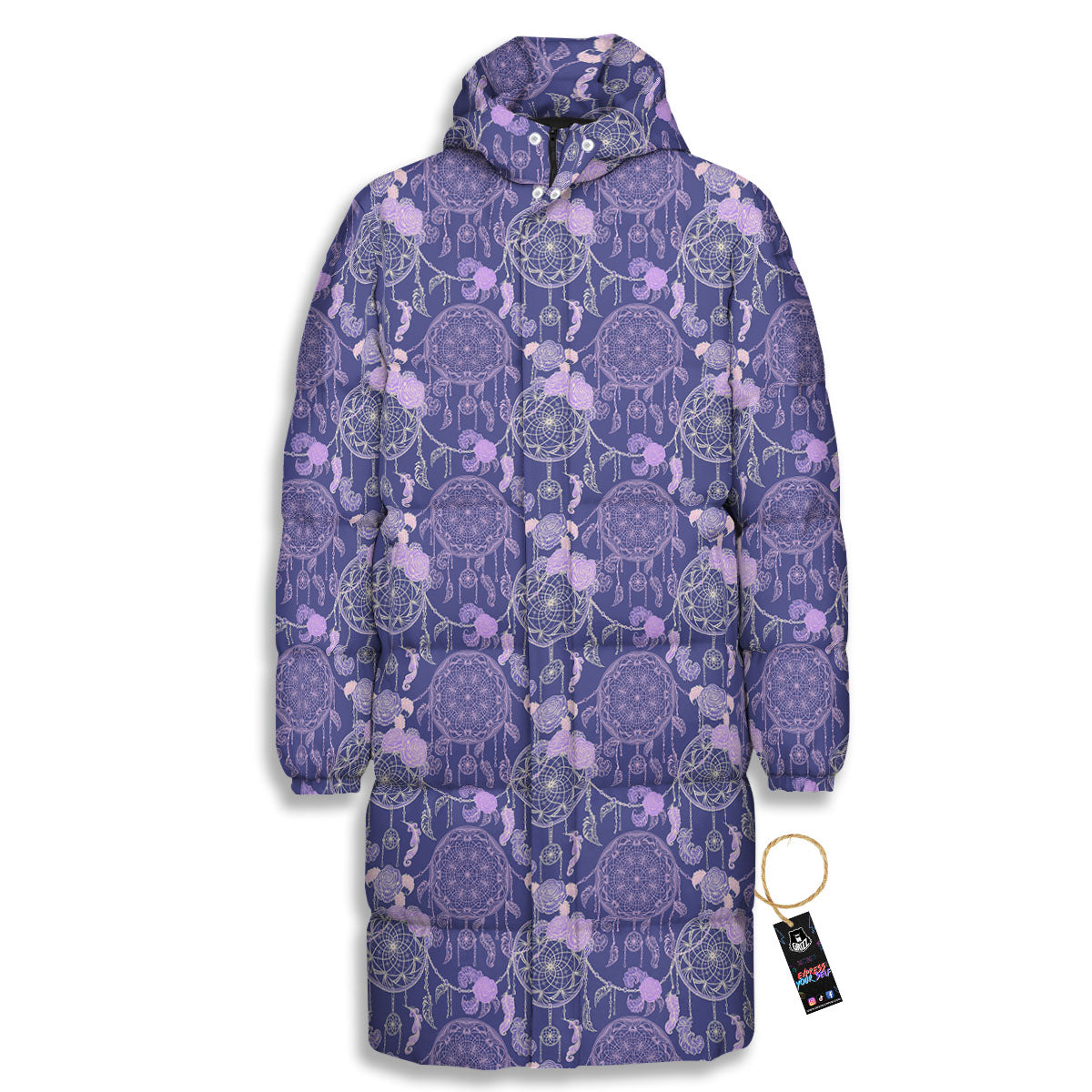 Dream Catcher Floral Print Pattern Long Down Jacket-grizzshop