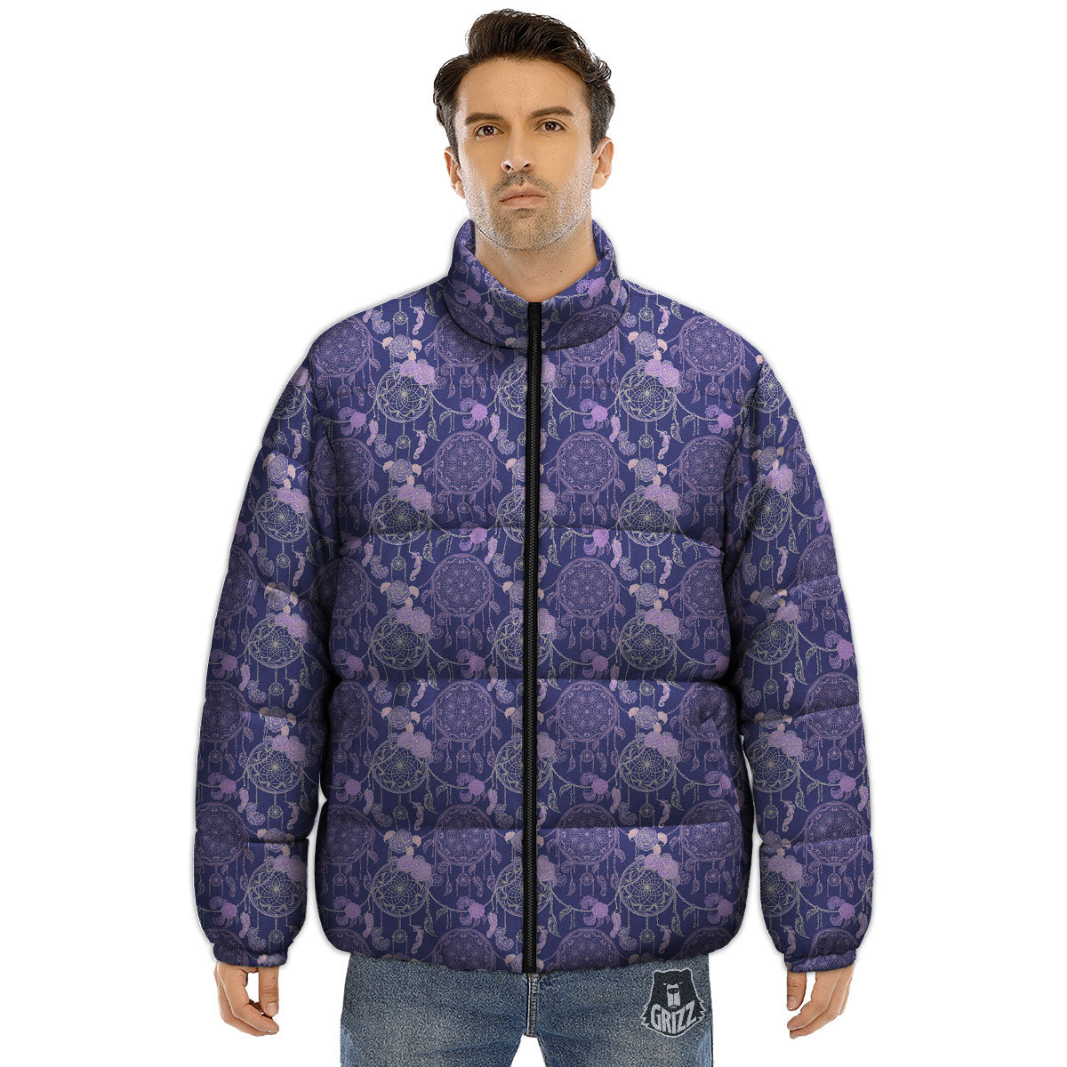 Dream Catcher Floral Print Pattern Puffer Jacket-grizzshop
