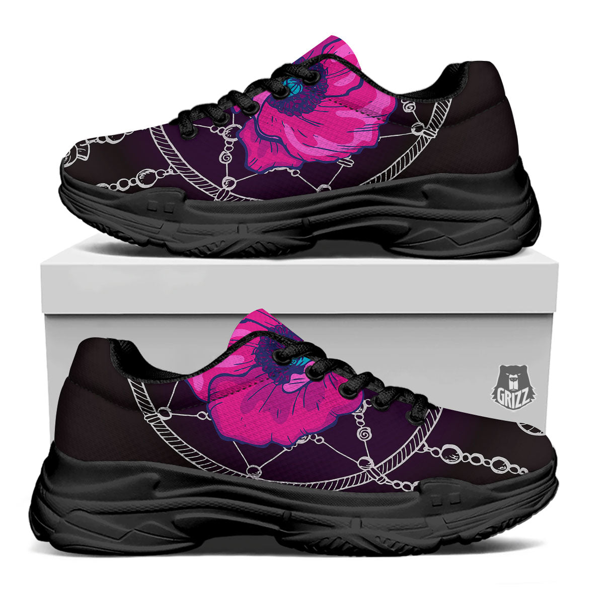 Dream Catcher Flower Bohemian Print Black Chunky Shoes-grizzshop
